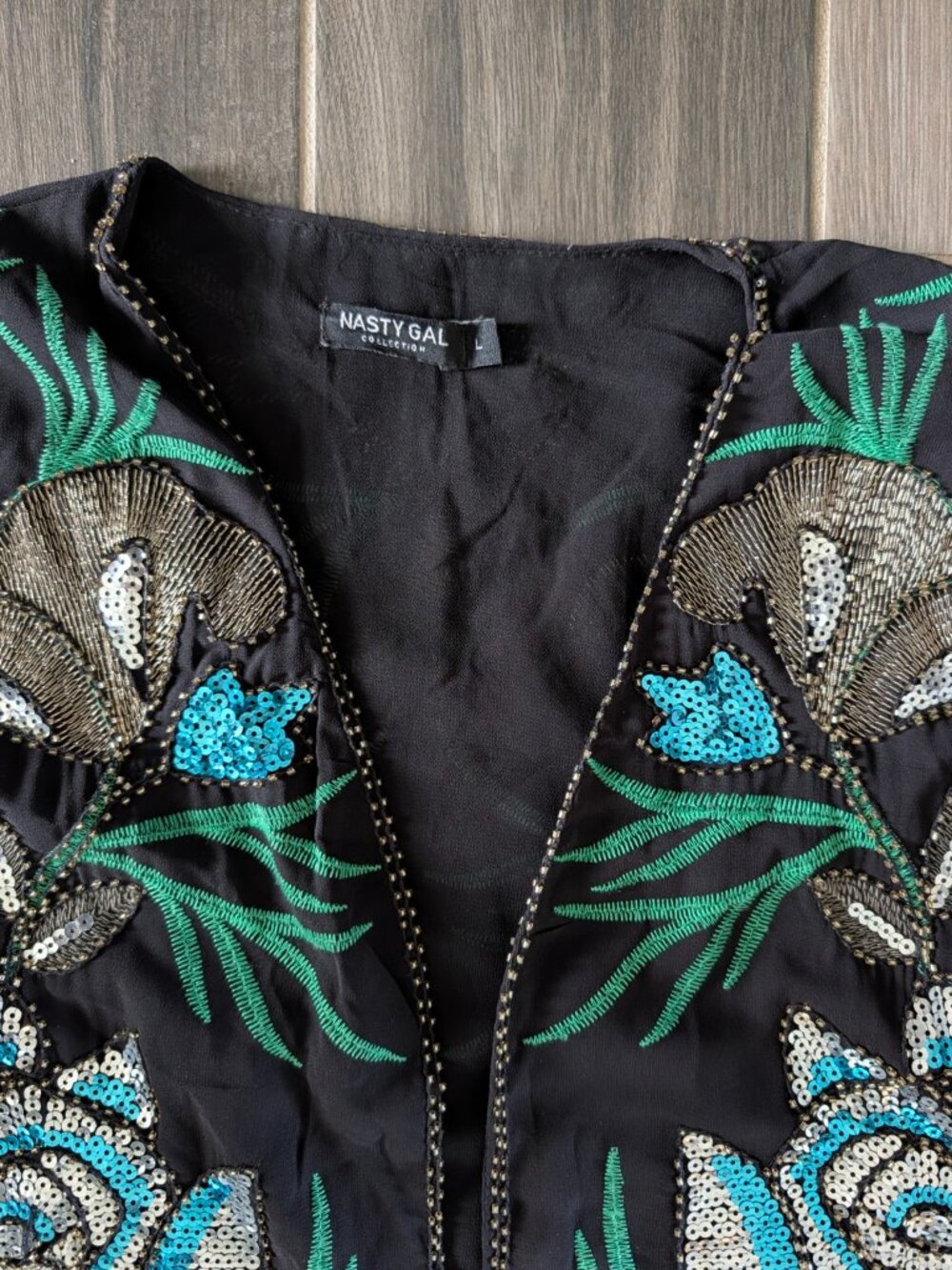 Nasty Gal Embellished Sequin Duster Jacket / Dress Black Floral Size L - Picture 2 of 3